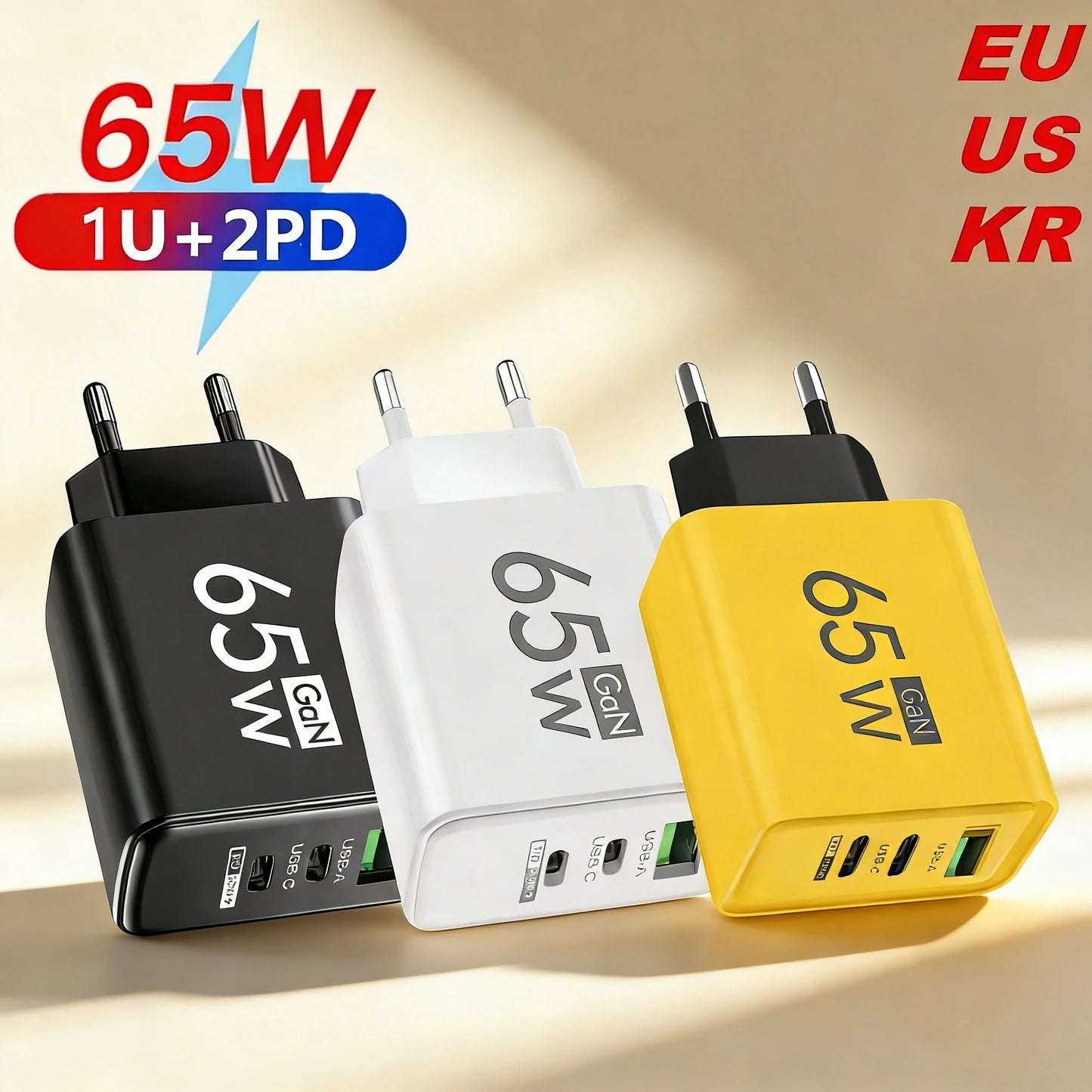 65W Gan USB C Fast Charger 3In1 Multi Ports Quick Charge 3.0 Wall Adapter EU US KR Plug Travel Charger for Iphone Samsung Xiaomi