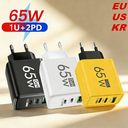 65W Gan USB C Fast Charger 3In1 Multi Ports Quick Charge 3.0 Wall Adapter EU US KR Plug Travel Charger for Iphone Samsung Xiaomi